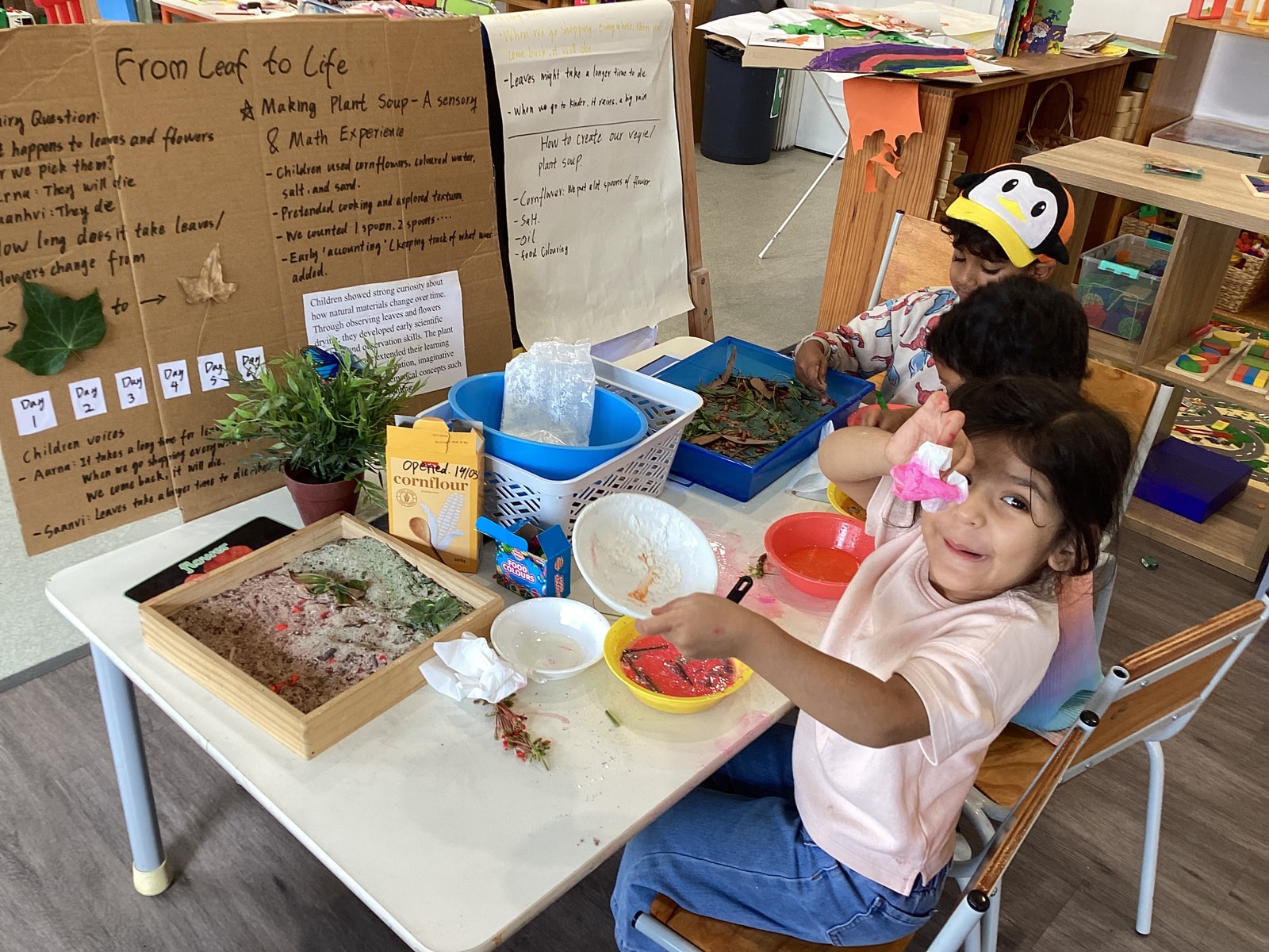 Kindergarten children exploring a plant soup sensory and maths investigation